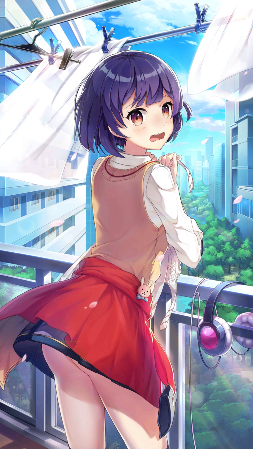 1girl apartment ass balcony blue_skirt blue_sky blunt_bangs blush bob_cut bra building clothes_around_waist clothes_hanger clothes_pin clouds collared_shirt cowboy_shot day drying drying_clothes falling_petals from_behind frown girl_cafe_gun hands_up headphones headphones_removed highres holding holding_bra holding_clothes holding_underwear jacket jacket_around_waist laundry laundry_pole long_sleeves looking_at_viewer looking_back miniskirt official_art petals purple_hair rabbit_ornament railing red_eyes red_jacket shi_wuyou shirt short_hair skirt sky solo square_mouth sweater_vest tree turning_head underwear vest white_bra white_shirt yellow_sweater_vest yellow_vest