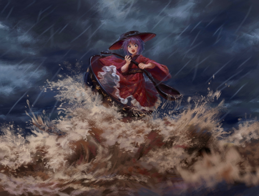 1girl black_headwear bowl bowl_hat clouds cloudy_sky commentary_request full_body hat highres holding holding_spoon japanese_clothes kimono looking_at_viewer ocean open_mouth outdoors purple_hair rain red_kimono sash satellitedragon short_hair sky solo spoon storm sukuna_shinmyoumaru touhou