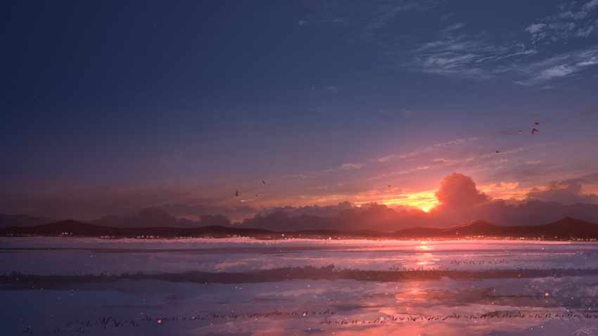 bird clouds evening gradient_sky highres mountainous_horizon nature no_humans orange_sky original outdoors reflection reflective_water rune_xiao scenery sky sun sunset water