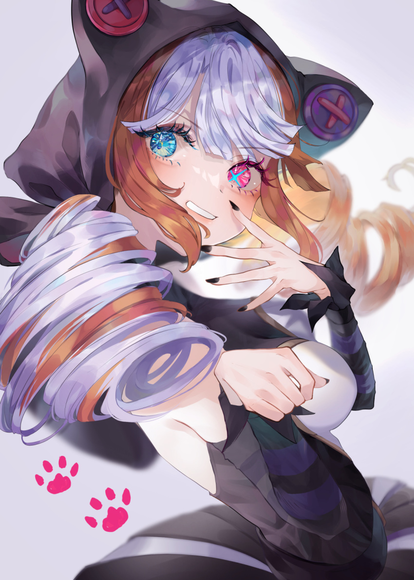 1girl animal_ears black_dress black_hood black_nails blue_eyes brown_hair buttons cat_ears detached_sleeves dress fake_animal_ears from_side grin gwen_(league_of_legends) hands_up heterochromia highres hood hood_up league_of_legends looking_at_viewer nail_polish paw_print pink_eyes revision smile solo soul_fighter_gwen striped_sleeves teeth usagi_(3828164) white_background white_hair