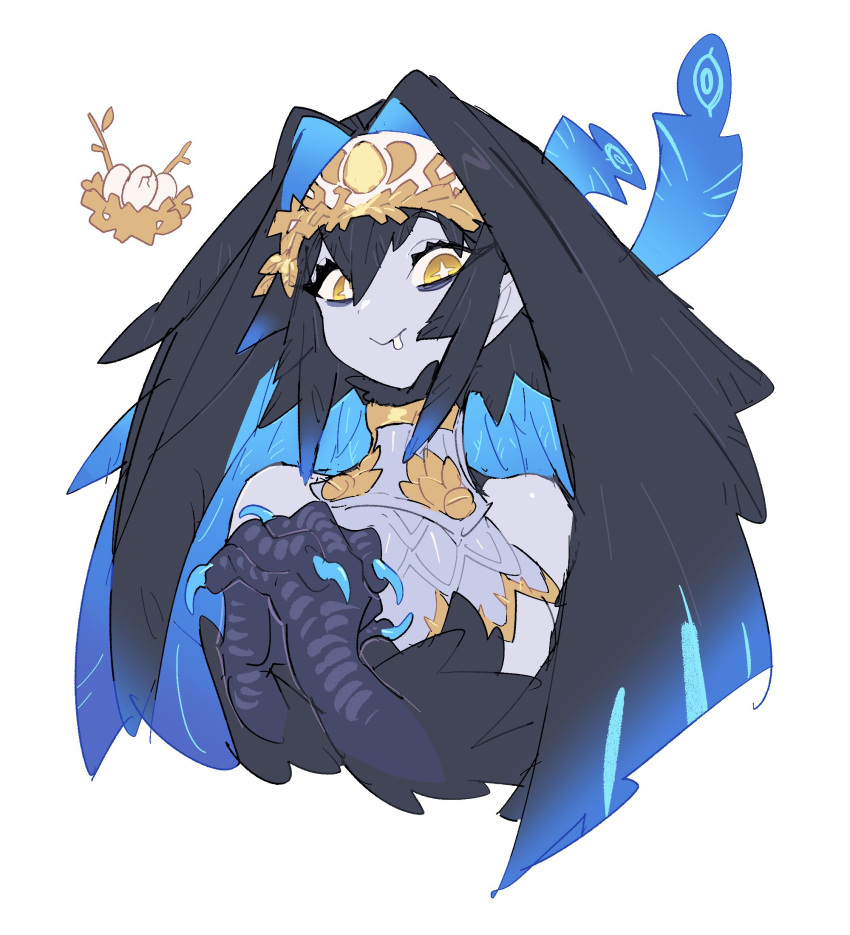 1girl :&gt; animal_hands bare_shoulders bird_girl black_hair blue_feathers blue_hair blue_skin bright_pupils closed_mouth colored_inner_hair colored_skin egg feather_hair feathers gorget gradient_hair hair_between_eyes hair_intakes hands_up headpiece highres inu_fuji long_hair looking_at_viewer monster_girl multicolored_hair nest original pointy_ears saliva sidelocks simple_background sleeveless solo star-shaped_pupils star_(symbol) symbol-shaped_pupils talons upper_body white_background white_pupils yellow_eyes