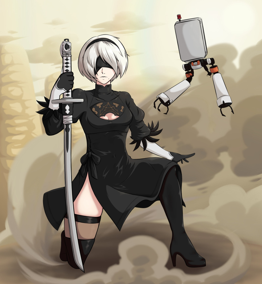 1girl 2b_(nier:automata) absurdres back_cutout black_blindfold black_hairband blindfold boots clothing_cutout covered_eyes desert dust dust_cloud ememtrp feather-trimmed_sleeves full_body hairband highres holding holding_sword holding_weapon mole mole_under_mouth nier:automata nier_(series) on_one_knee pod_(nier:automata) rainbow_gradient sword thigh-highs thighhighs_under_boots virtuous_contract weapon