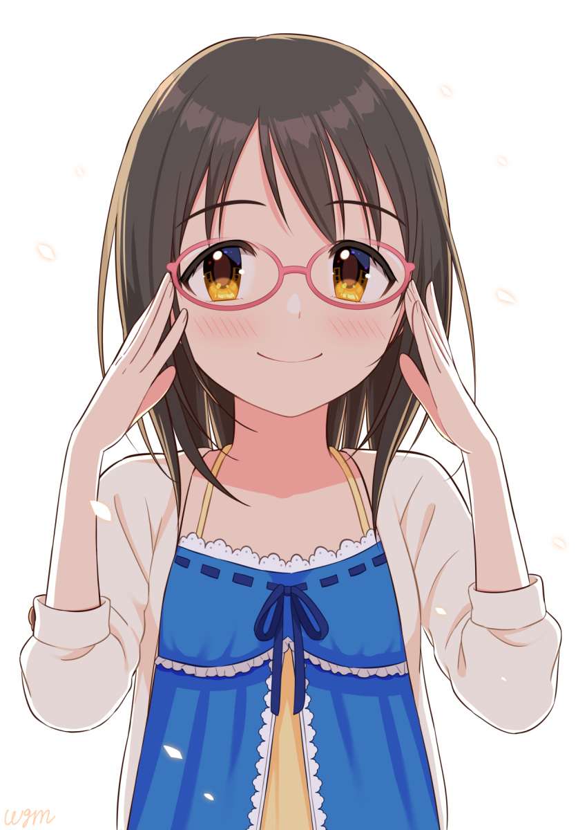 1girl black_hair blue_dress blush breasts brown_eyes closed_mouth dot_nose dress frilled_dress frills glasses hands_up highres idolmaster idolmaster_cinderella_girls idolmaster_cinderella_girls_starlight_stage jacket kamijo_haruna long_sleeves looking_at_viewer medium_breasts open_clothes open_jacket pink-framed_eyewear ribbon-trimmed_dress short_hair signature simple_background smile solo upper_body wgm_oekaki white_background