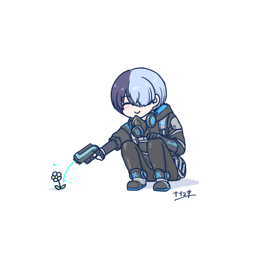 1boy absurdres aoyagi_touya blue_hair close_game/offline_(project_sekai) closed_eyes closed_mouth commentary_request dark_blue_hair flower full_body hair_over_one_eye hand_on_own_knee highres holding holding_water_gun hood hood_down leaf long_sleeves male_focus mask mask_around_neck mask_removed multicolored_hair nanayuki_akmy official_alternate_costume official_alternate_hairstyle one_eye_covered project_sekai short_hair simple_background smile solo split-color_hair squatting two-tone_hair water_gun white_background
