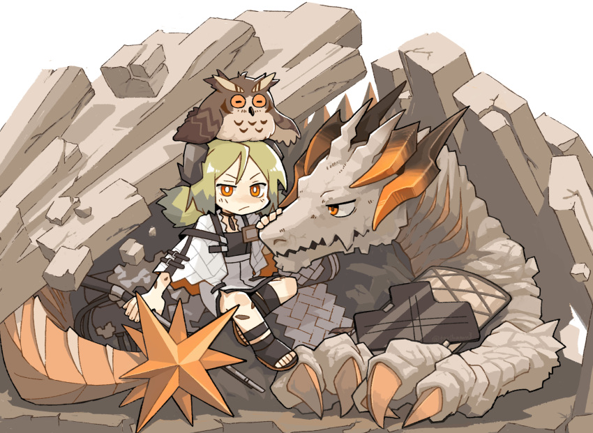 1girl animalization arknights bird black_footwear black_shirt blonde_hair closed_eyes commentary demon_girl demon_horns dragon frown high-waist_skirt highres holding holding_staff horns ifrit_(arknights) jacket konno_akikaze looking_at_another open_clothes open_jacket orange_eyes oripathy_lesion_(arknights) owl rock sandals saria_(arknights) scales shirt short_twintails silence_(arknights) skirt staff tail twintails white_jacket white_skirt