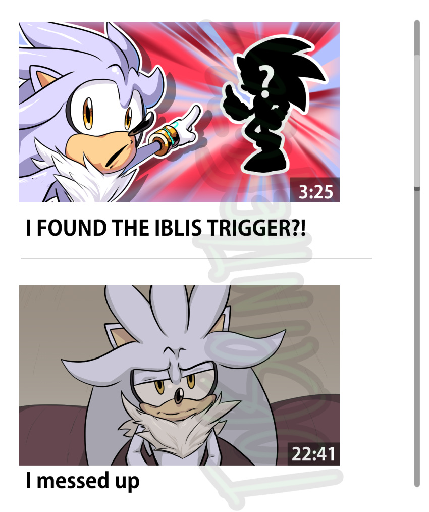 1boy ? animal_ears animal_nose body_fur closed_mouth english_text furry furry_male gloves highres looking_at_viewer male_focus meme open_mouth pointing pointing_at_another silhouette silver_the_hedgehog sonic_(series) sonic_the_hedgehog sonic_the_hedgehog_(2006) topspin_the_fuzzy two_soyjaks_pointing_(meme) watermark white_fur white_gloves yellow_eyes youtube
