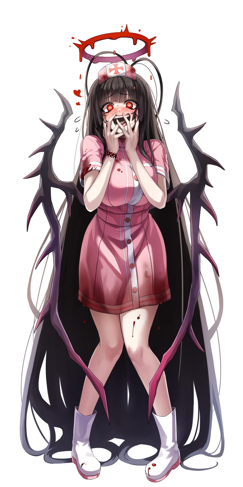 1girl :p @_@ absurdly_long_hair absurdres alternate_costume bare_legs black_wings blood blood_halo blood_on_clothes blood_on_leg blood_stain blue_archive blush boots breasts covering_mouth crazy_eyes crazy_smile dress excited halo hands_up happy hat heart highres hip_focus knees_together_feet_apart large_breasts ldl_(bcw1025) legs long_hair looking_at_viewer melting_halo messy_hair nurse nurse_cap pink_dress solo standing tongue tongue_out tsurugi_(blue_archive) very_long_hair wings