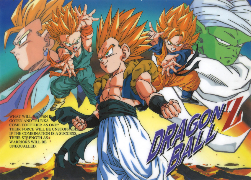 1990s_(style) 5boys abs aqua_eyes boots character_name colored_skin copyright_name dougi dragon_ball dragon_ball_z earrings gotenks green_skin grin highres jewelry long_sleeves looking_at_viewer male_focus metamoran_vest multiple_boys muscular namekian non-web_source official_art outstretched_arms piccolo pointy_ears profile retro_artstyle saiyan scan serious sleeveless sleeveless_jacket smile son_gohan son_goten spiky_hair super_saiyan super_saiyan_1 trunks_(dragon_ball) turban wristband
