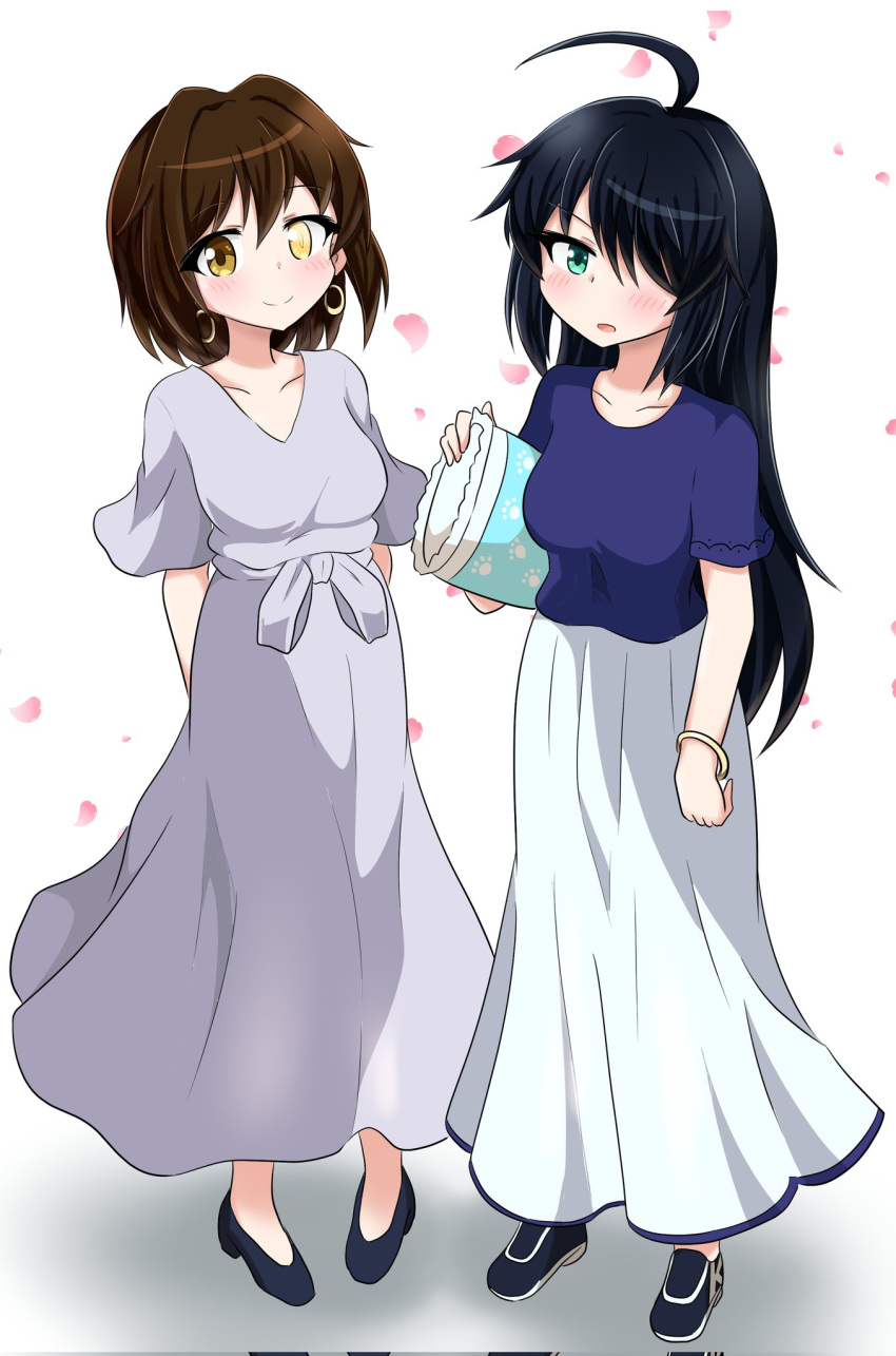 2girls ahoge black_hair blue_eyes blue_footwear blue_shirt brown_hair commentary_request dress full_body furutaka_(kancolle) glowing glowing_eye grey_dress hair_down hair_over_one_eye heterochromia highres kako_(kancolle) kantai_collection kinoshita_tsubomi long_dress long_hair long_skirt multiple_girls official_alternate_costume official_alternate_hairstyle pillow shirt short_hair simple_background skirt standing white_background white_skirt yellow_eyes