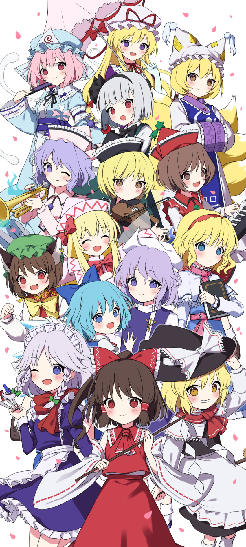 6+girls absurdres alice_margatroid animal_ears apron ascot bare_shoulders black_hairband black_headwear black_ribbon black_skirt black_vest blonde_hair blue_bow blue_dress blue_eyes blue_hair blue_headwear blue_kimono blue_vest blush book bow bow_(music) braid broom brown_eyes brown_hair capelet cat_ears chen cirno closed_eyes closed_mouth collared_shirt detached_sleeves dress earrings elbow_gloves fairy fairy_wings folded_fan folding_fan fox_ears fox_tail frilled_apron frilled_dress frilled_kimono frills gloves gohei green_headwear green_skirt green_vest grey_hair grimoire_of_alice hair_bow hair_ribbon hair_tubes hairband hakurei_reimu hand_fan hands_in_opposite_sleeves hat hat_bow hat_ribbon highres holding holding_fan holding_gohei holding_instrument holding_knife ice ice_wings instrument izayoi_sakuya japanese_clothes jewelry keyboard_(instrument) kimono kirisame_marisa knife konpaku_youmu letty_whiterock light_purple_hair lily_white long_hair long_sleeves lunasa_prismriver lyrica_prismriver maid maid_headdress merlin_prismriver mob_cap multiple_girls multiple_tails nontraditional_miko one_eye_closed open_mouth outstretched_arms perfect_cherry_blossom pink_eyes pink_hair pink_headwear pink_vest purple_dress red_ascot red_bow red_dress red_eyes red_hairband red_headwear red_ribbon red_scarf red_skirt red_vest ribbon ribbon-trimmed_sleeves ribbon_trim saigyouji_yuyuko scarf shirt short_hair sidelocks simple_background single_braid single_earring skirt sleeve_garter smile spread_arms suzuno_naru tabard tail touhou triangular_headpiece trumpet twin_braids umbrella vest violet_eyes violin waist_apron white_apron white_background white_bow white_capelet white_dress white_gloves white_headwear white_shirt white_sleeves wide_sleeves wings witch_hat yakumo_ran yakumo_yukari yellow_eyes