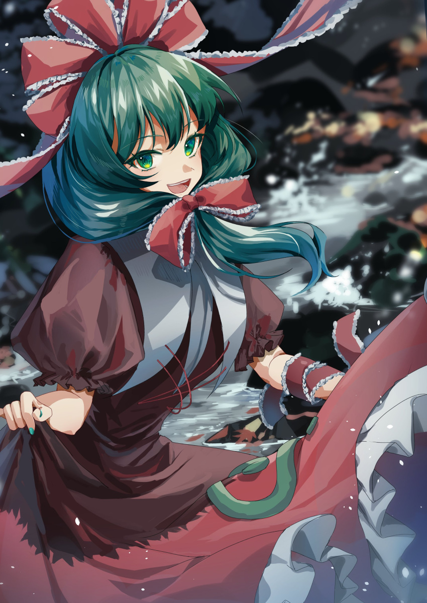 1girl absurdres blurry blurry_background bow dress frilled_bow frilled_dress frills front_ponytail green_eyes green_hair green_nails highres kagiyama_hina lifted_by_self looking_at_viewer maguri_rei outdoors puffy_short_sleeves puffy_sleeves red_dress short_sleeves smile solo touhou