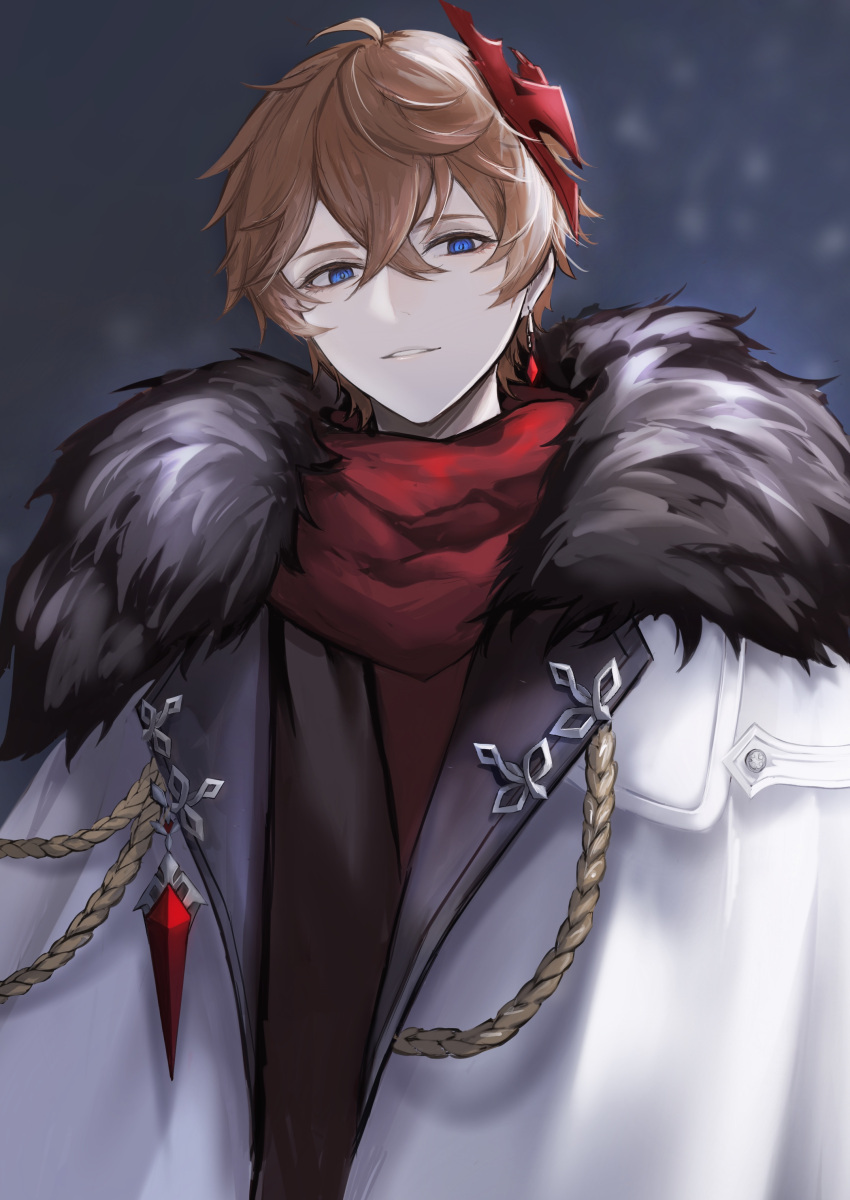 1boy absurdres ahoge aiguillette blue_eyes brown_hair cloak crossed_bangs earrings fur-trimmed_cloak fur_trim gem genshin_impact highres jewelry looking_at_viewer male_focus mask mask_on_head mihaia open_cloak open_clothes parted_lips red_gemstone red_scarf scarf short_hair single_earring smile solo tartaglia_(genshin_impact) teeth upper_body white_cloak
