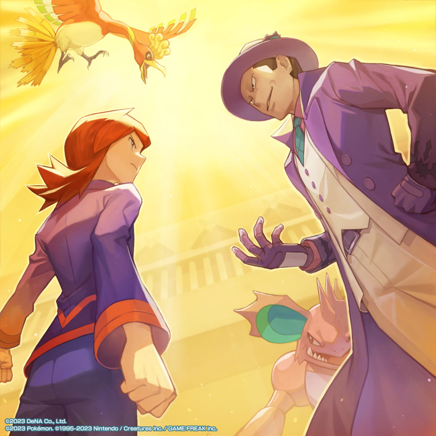 2boys clenched_hands coat father_and_son from_below giovanni_(pokemon) giovanni_(sygna_suit)_(pokemon) gloves hand_on_own_hip highres ho-oh katano_shibire light_rays looking_at_another male_focus multiple_boys nidoking official_alternate_costume official_art open_mouth pokemon pokemon_(creature) pokemon_(game) pokemon_hgss pokemon_masters_ex purple_headwear redhead silver_(pokemon) smirk tongue wings