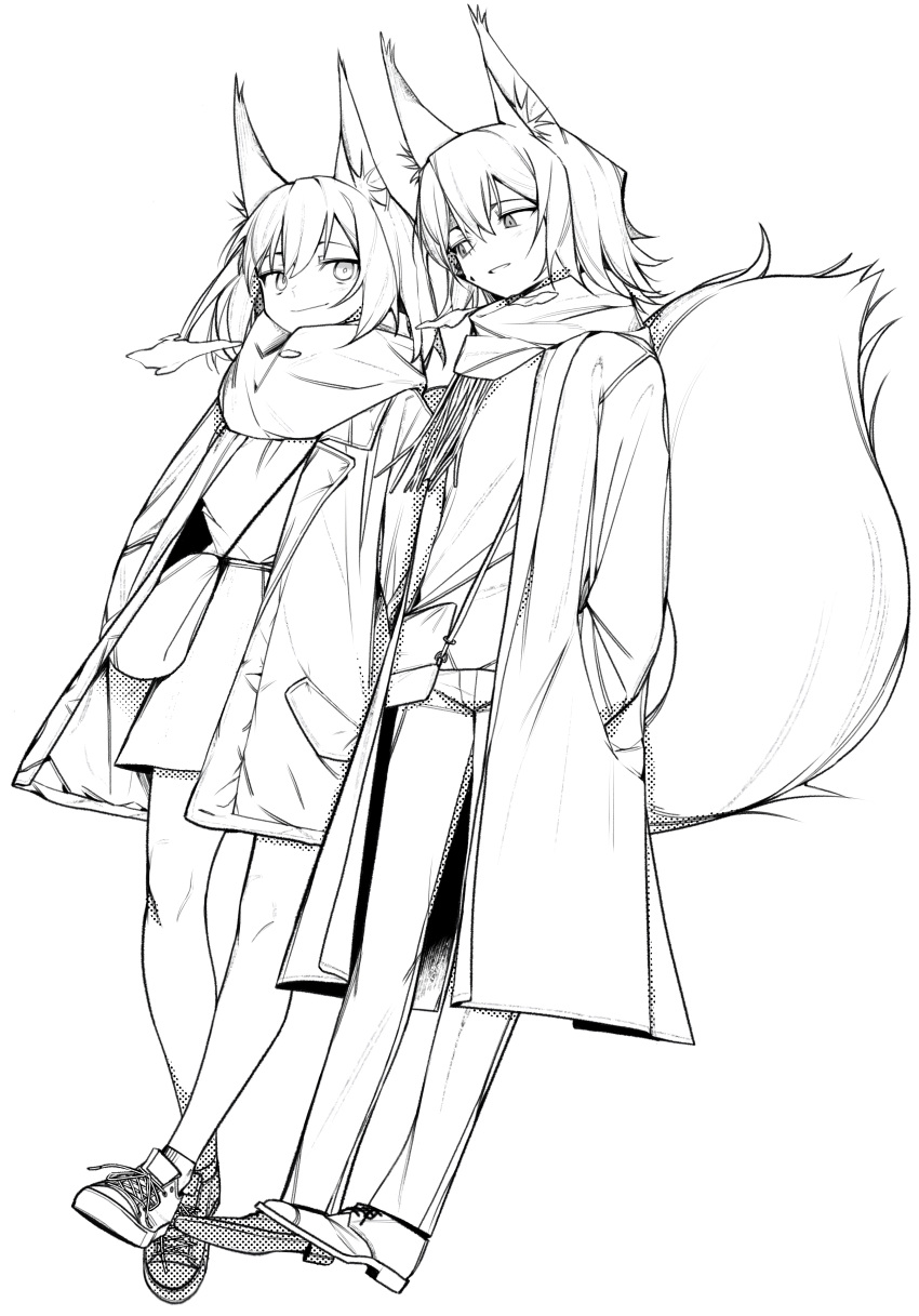 2girls absurdres animal_ears arknights ashlock_(arknights) coat flametail_(arknights) full_body greyscale hair_between_eyes hand_in_pocket highres looking_at_viewer monochrome multiple_girls open_clothes open_coat oripathy_lesion_(arknights) scarf shoes short_hair signal_1120 simple_background smile squirrel_ears squirrel_tail tail white_background