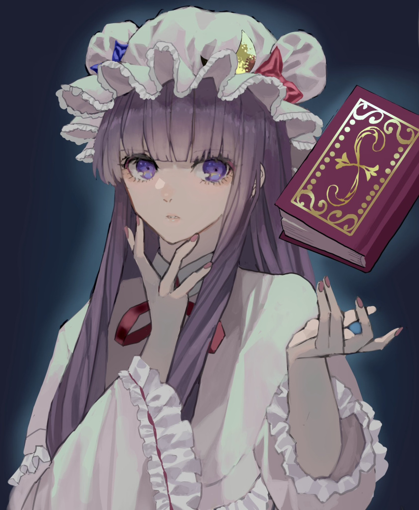 1girl blue_bow blunt_bangs book bow bowtie bun_cover crescent crescent_hat_ornament double_bun hair_bow hair_bun hat hat_bow hat_ornament highres long_hair long_sleeves mob_cap nanasuou patchouli_knowledge purple_hair purple_headwear red_bow red_bowtie robe solo touhou very_long_hair violet_eyes wide_sleeves