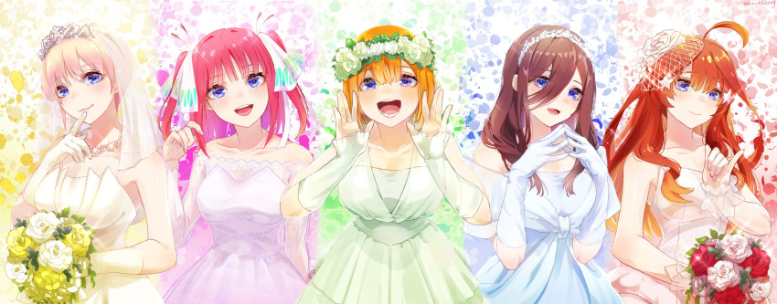 5girls ahoge bare_shoulders blue_dress blue_eyes breasts bridal_veil brown_hair butterfly_hair_ornament choker closed_mouth collarbone detached_sleeves diadem dress falling_petals finger_to_mouth flower flower_choker gloves go-toubun_no_hanayome green_dress hair_between_eyes hair_flower hair_ornament hand_up hands_up head_wreath highres holding holding_flower kachin large_breasts long_hair looking_at_viewer multiple_girls nakano_ichika nakano_itsuki nakano_miku nakano_nino nakano_yotsuba open_mouth orange_hair own_hands_together petals pink_dress pink_hair pinky_out purple_dress quintuplets red_flower red_rose redhead rose short_hair siblings sisters star_(symbol) star_hair_ornament strapless strapless_dress twitter_username two_side_up upper_body veil wedding_dress white_dress white_flower white_gloves white_rose white_sleeves yellow_flower yellow_rose