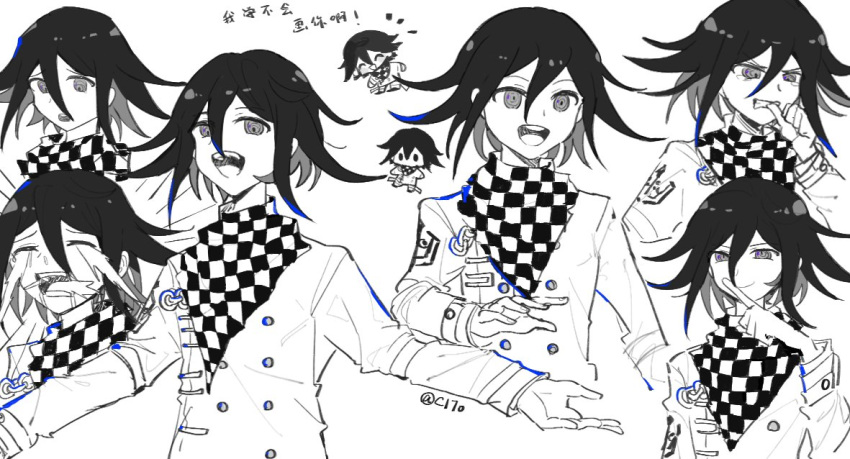 1boy :d biting blue_hair buttons cha_c170 checkered_clothes checkered_scarf closed_mouth crying danganronpa_(series) danganronpa_v3:_killing_harmony double-breasted happy long_sleeves male_focus medium_hair multicolored_hair multiple_views nail_biting notice_lines oma_kokichi open_mouth scarf smile tears teeth translation_request two-tone_hair upper_body upper_teeth_only