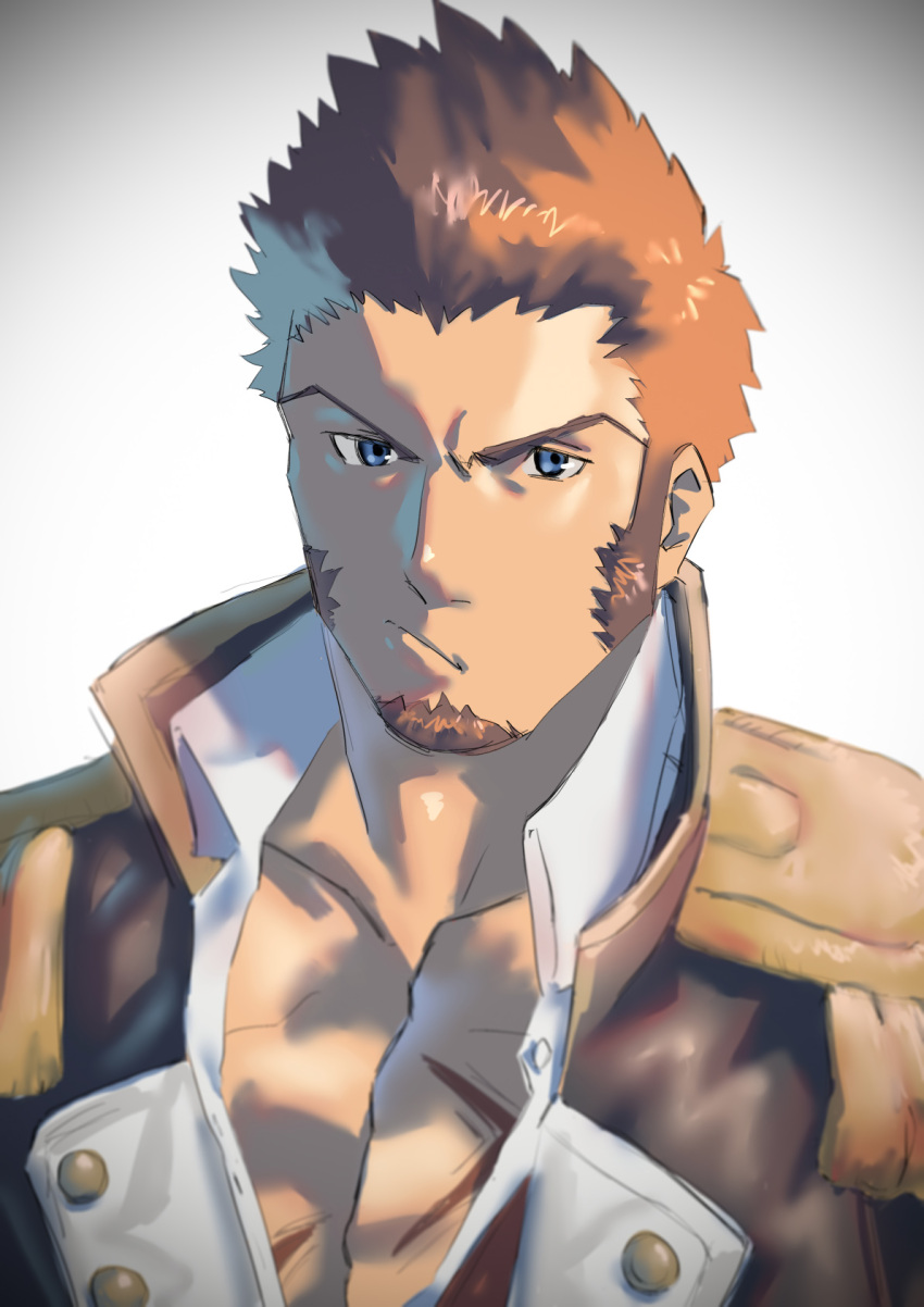 1boy blue_eyes brown_hair brown_jacket closed_mouth cross_scar epaulettes facial_hair fate/grand_order fate_(series) goatee highres jacket long_sideburns looking_at_viewer male_focus monmonhomon muscular muscular_male napoleon_bonaparte_(fate) scar scar_on_chest short_hair sideburns solo upper_body