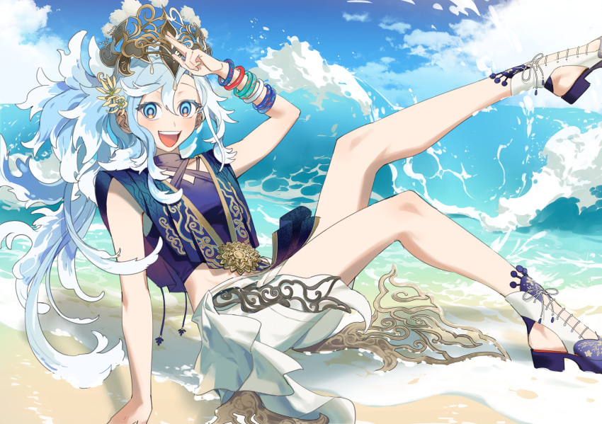 1girl beach blue_eyes blue_hair blue_sky blush bracelet cropped_shirt hair_ornament highres hololive hololive_indonesia indonesian_clothes jewelry kobo_kanaeru kobo_kanaeru_(3rd_costume) long_hair looking_at_viewer lynnear multicolored_hair official_alternate_costume official_alternate_hairstyle open_mouth ponytail salute sitting sky sleeveless smile solo teeth two-finger_salute two-tone_hair upper_teeth_only virtual_youtuber wedge_heels white_hair