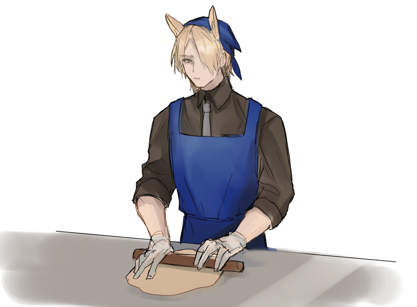 1boy animal_ears apron arknights black_shirt blonde_hair blue_apron closed_mouth collared_shirt dough grey_necktie hair_over_one_eye head_scarf highres horse_ears long_sleeves male_focus mlynar_(arknights) necktie rolling_pin senjou_no_pentsu shirt simple_background sketch solo upper_body white_background