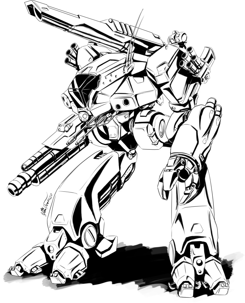 arm_cannon battletech cannon commission energy_cannon english_commentary gloomflower gun highres ink_(medium) machine_gun machinery macross mecha missile_pod monochrome muzzle no_humans original radio_antenna robot robotech science_fiction shadow shoulder_cannon signature smoke_grenade_launcher traditional_media walker weapon white_background