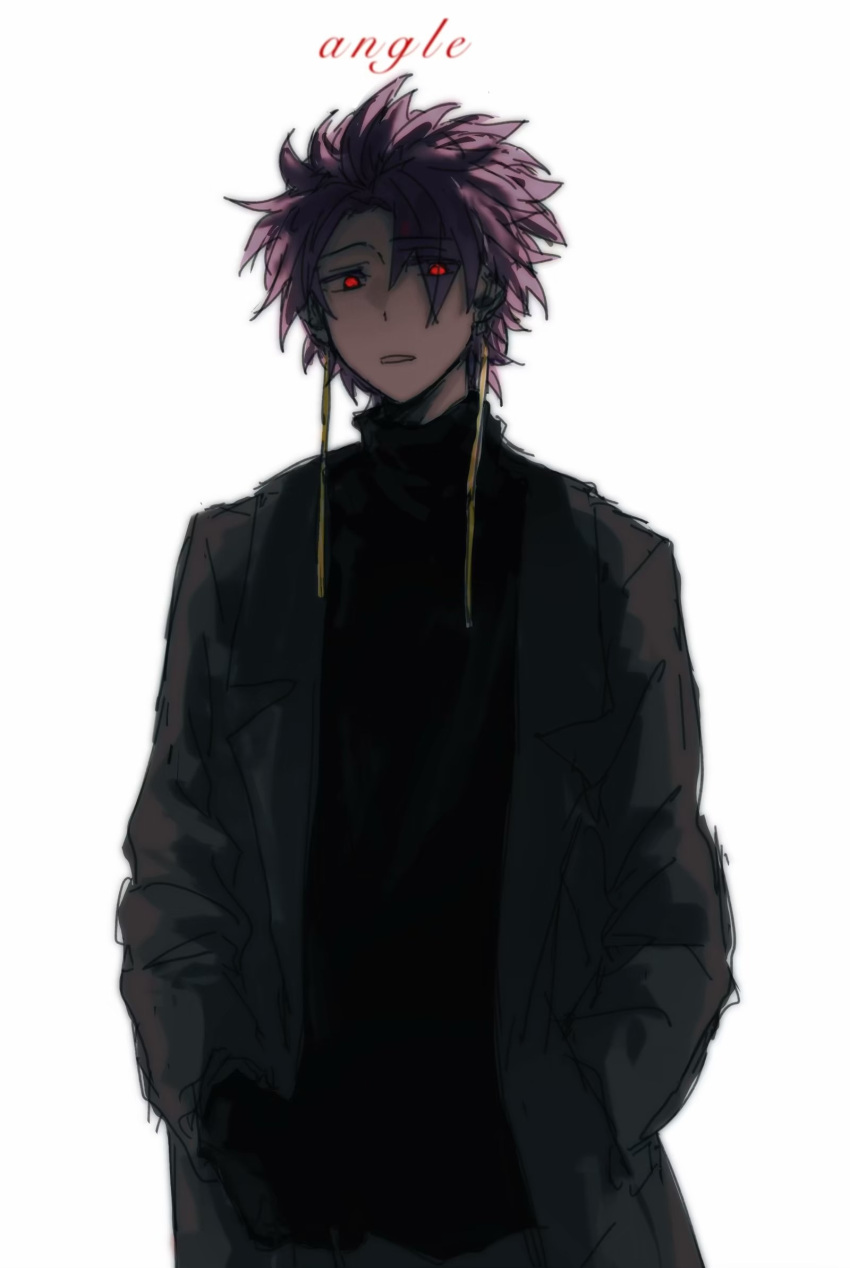 1boy black_gloves black_sweater coat earrings english_text engrish_text eyes_visible_through_hair gloves grey_coat hand_in_pocket highres jewelry long_sleeves looking_at_viewer male_focus open_clothes open_coat open_mouth purple_hair ranguage red_eyes saibou_shinkyoku simple_background sketch solo sweater theodore_riddle turtleneck turtleneck_sweater upper_body white_background zhuyi36063