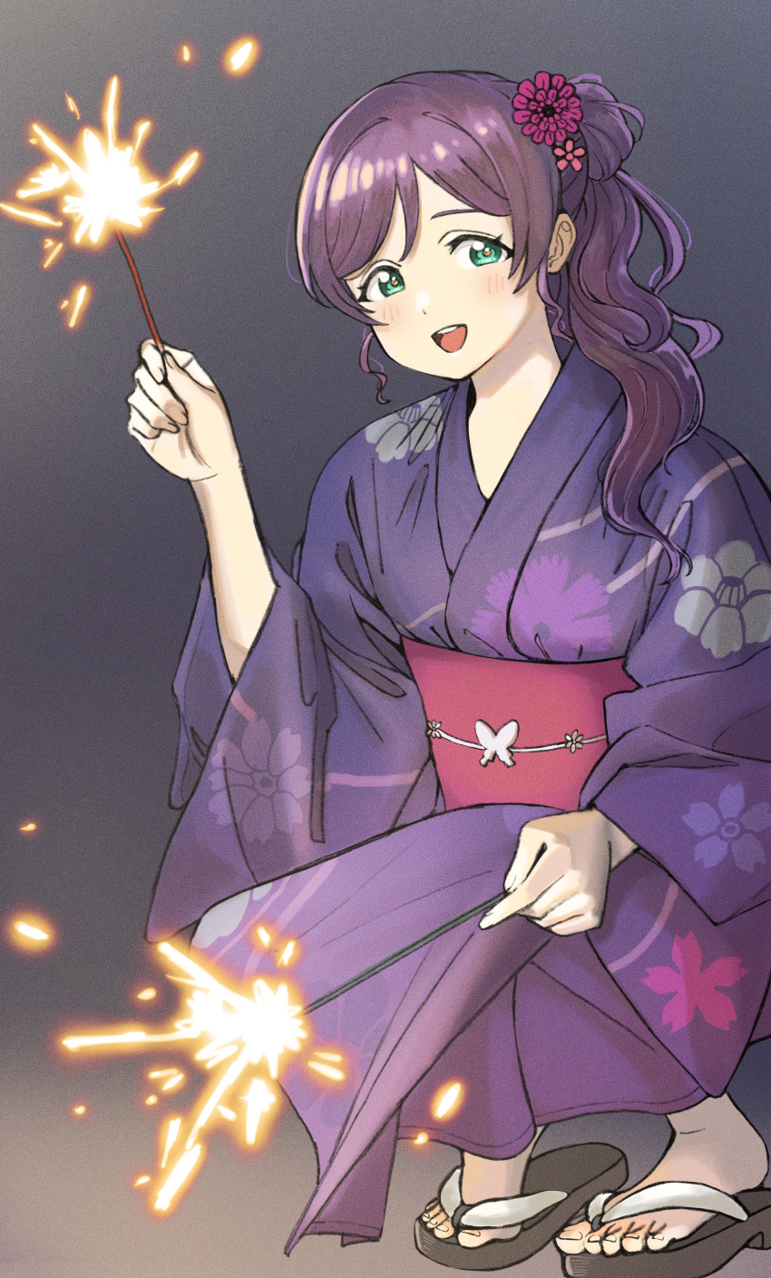 1girl absurdres aqua_eyes blush commentary_request dunchy fireworks highres japanese_clothes kimono looking_at_viewer love_live! love_live!_school_idol_project open_mouth parted_bangs ponytail purple_hair purple_kimono red_sash sandals sash smile solo sparkler squatting swept_bangs toujou_nozomi