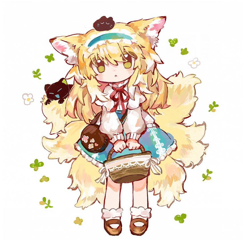 1girl :o animal_ear_fluff animal_ears ankle_socks arknights bag basket black_cat blonde_hair blue_hairband blue_skirt blush bobby_socks brown_bag brown_footwear cardigan cat commentary creature_on_head crossover fox_ears fox_girl fox_tail frilled_hairband frills full_body green_eyes hair_between_eyes hairband handbag heixiu high-waist_skirt highres holding holding_basket kitsune kyuubi long_hair long_sleeves looking_at_viewer luo_xiaohei luo_xiaohei_zhanji mary_janes multiple_tails neck_ribbon official_alternate_costume open_cardigan open_clothes parted_lips puffy_long_sleeves puffy_sleeves red_ribbon ribbon round_bag shirt shoes shoulder_bag simple_background skirt sleeve_cuffs socks suzuran_(arknights) suzuran_(spring_praise)_(arknights) symbol-only_commentary tail vito_(vito_12) white_background white_cardigan white_shirt white_socks
