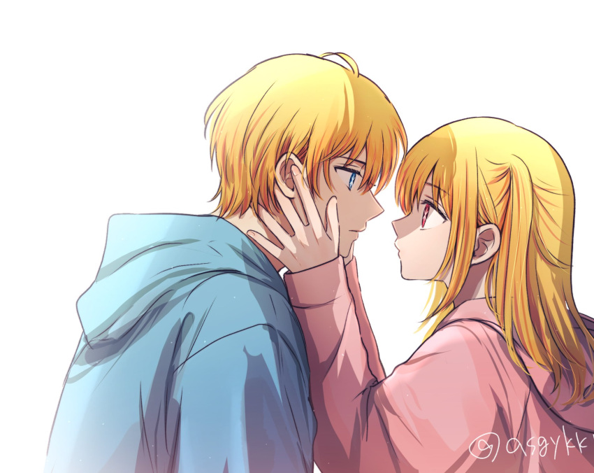 1boy 1girl asgykk blonde_hair blue_eyes blue_hoodie brother_and_sister eye_contact hands_on_another's_face hetero highres hood hoodie hoshino_aquamarine hoshino_ruby looking_at_another one_side_up oshi_no_ko pink_hoodie profile red_eyes siblings simple_background star-shaped_pupils star_(symbol) symbol-shaped_pupils translation_request twins twitter_username upper_body white_background
