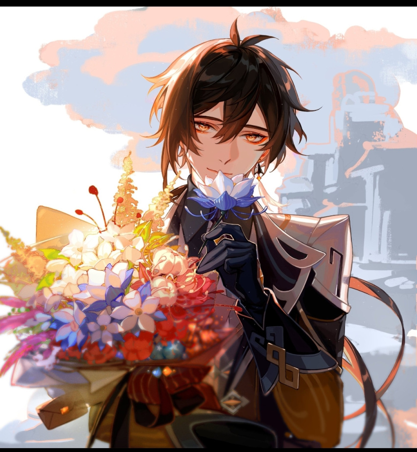 1boy antenna_hair clouds donaldakron flower_to_mouth holding_bouquet smile zhongli_(genshin_impact)