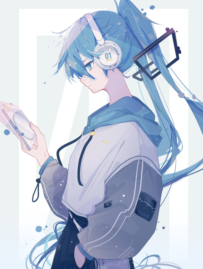 1girl ahoge aqua_eyes aqua_hair black_pants blue_eyes blue_hair cd cd_case commentary drawstring expressionless from_side grey_sleeves hair_ornament hand_in_pocket hatsune_miku headphones highres holding_cd hood hooded_jacket jacket long_hair looking_at_object looking_down number_background pants paper puffy_sleeves ringed_eyes solo twintails upper_body very_long_hair vocaloid wanaxtuco white_jacket