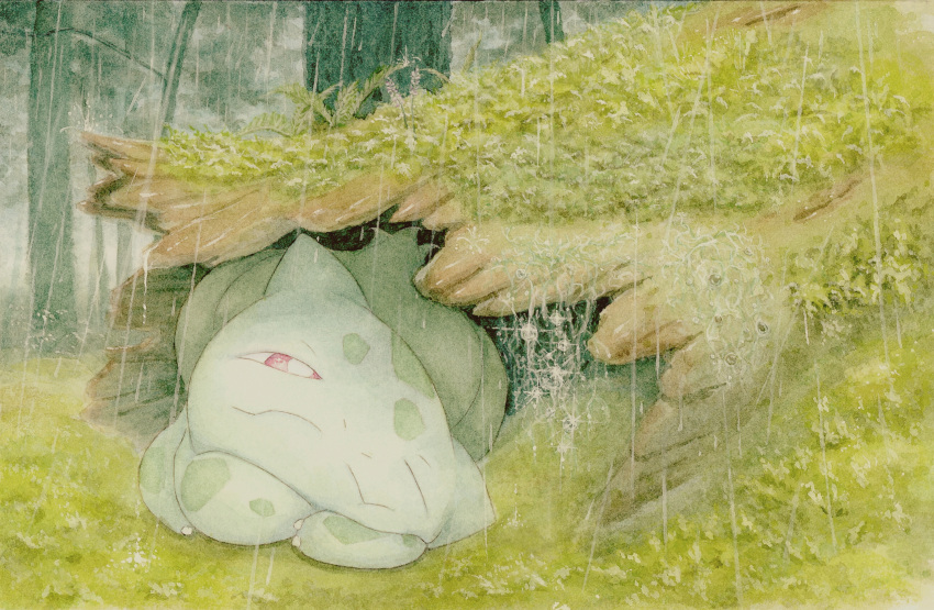 animal_focus aotake_tomo bright_pupils bulbasaur closed_mouth forest highres log moss nature no_humans nostrils one_eye_closed outdoors painting_(medium) pokemon pokemon_(creature) red_eyes solo traditional_media tree watercolor_(medium) white_pupils