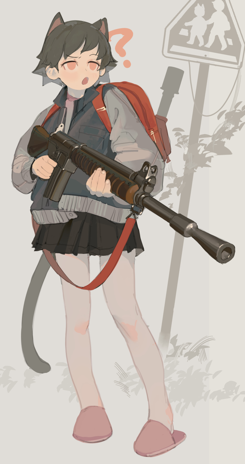 1girl ? absurdres animal_ears backpack bag battle_rifle blue_jacket cat_ears cat_girl cat_tail explosive fn_fal grenade gun highres jacket open_mouth original pleated_skirt polilla rifle school_crossing_sign skirt solo stick_grenade tail weapon