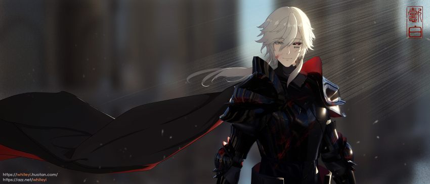 1boy absurdres armor barcode barcode_tattoo black_armor black_coat black_sclera blood blood_on_face closed_mouth coat colored_sclera facial_tattoo grey_hair hair_between_eyes hair_over_eyes heterochromia highres long_hair mismatched_sclera punishing:_gray_raven red_eyes roland_(punishing:_gray_raven) side_ponytail solo tattoo translation_request yellow_eyes yibai