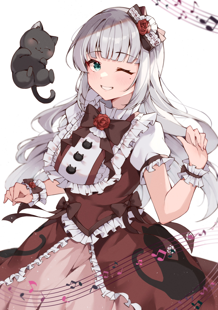 1girl ;d absurdres aqua_eyes arm_at_side bib blunt_bangs blush bow brown_skirt brown_vest cat commission cowboy_shot grey_hair grin hair_bow highres indie_virtual_youtuber layered_skirt lolita_fashion looking_at_viewer misoni_(mi_so_ni_t) mole mole_under_eye musical_note one_eye_closed otohana_rubia puffy_short_sleeves puffy_sleeves shirt short_sleeves simple_background skeb_commission skirt smile solo vest w_arms white_background white_shirt wrist_cuffs