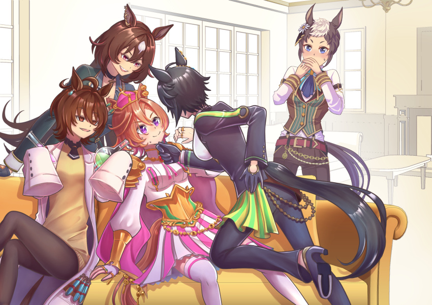 5girls agnes_tachyon_(umamusume) animal_ears aokocha ascot belt black_hair blue_eyes blush bracer brown_eyes brown_hair closed_mouth coat colored_inner_hair couch covering_mouth crown empty_eyes face-to-face fingerless_gloves flask flower flying_sweatdrops fuji_kiseki_(umamusume) gloves grey_hair hair_between_eyes hair_flower hair_ornament half-closed_eyes hand_on_another's_chin hand_on_own_hip hand_up hands_over_own_mouth hands_up high_heels highres horse_ears horse_girl horse_tail indoors jacket jewelry lab_coat leaning_back leaning_forward long_bangs long_hair long_sleeves looking_at_another medium_hair mejiro_ryan_(umamusume) multicolored_hair multiple_girls on_couch on_one_knee open_clothes open_coat open_mouth pants puffy_long_sleeves puffy_sleeves red_eyes ring round-bottom_flask seductive_smile shirt shoes short_hair sirius_symboli_(umamusume) sitting sleeves_past_fingers sleeves_past_wrists smile standing sweater t.m._opera_o_(umamusume) tail test_tube textless_version thigh-highs two-tone_hair umamusume very_long_hair vest violet_eyes white_coat white_hair yuri zettai_ryouiki