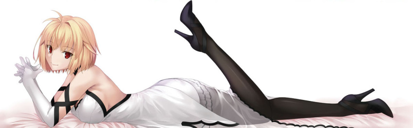 1girl arcueid_brunestud arm_ribbon bed_sheet black_footwear black_pantyhose black_ribbon blonde_hair breasts closed_mouth elbow_gloves from_side full_body gloves hair_intakes high_heels jacket kochipu large_breasts layered_skirt leg_up lying on_stomach pantyhose red_eyes ribbon see-through see-through_shirt short_hair sideboob skirt sleeveless sleeveless_jacket smile solo tsukihime white_gloves white_jacket