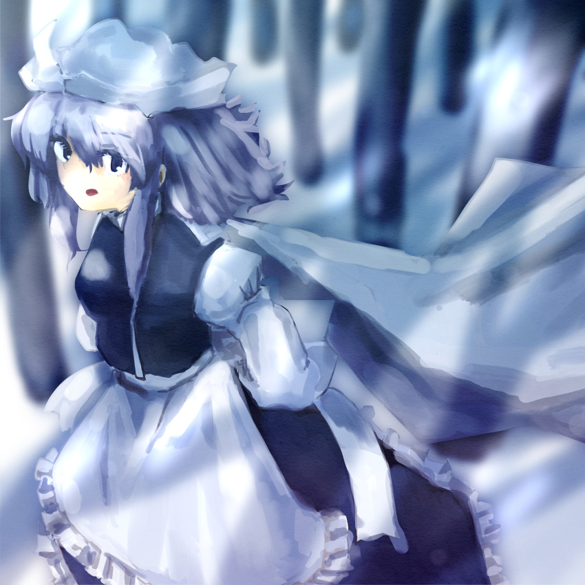 1girl absurdres blue_vest forest highres koyane_(silver81106) letty_whiterock looking_at_viewer medium_hair nature solo touhou tree vest