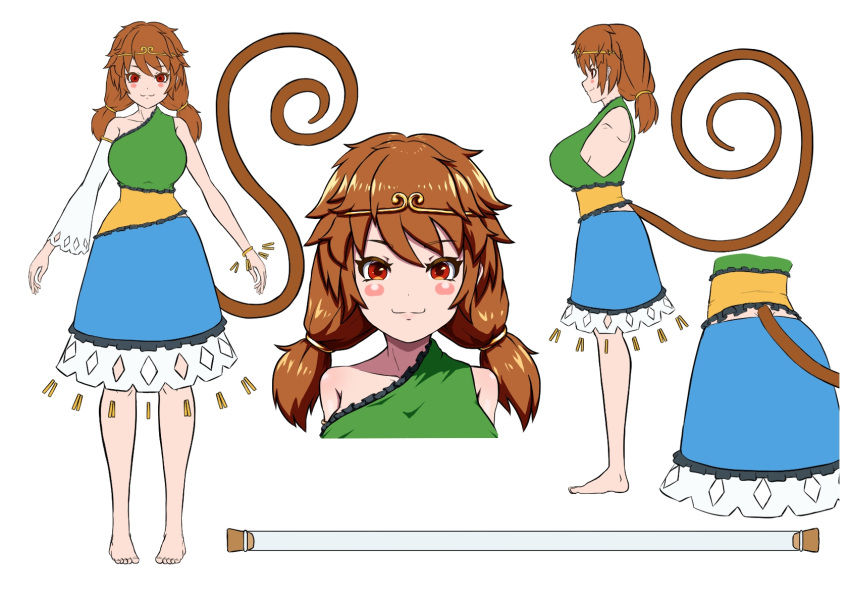 1girl barefoot blue_dress blush_stickers brown_hair circlet closed_mouth detached_sleeves dress green_dress highres long_hair low_twintails monkey_tail multicolored_clothes multicolored_dress multiple_views pepelonthi red_eyes simple_background single_detached_sleeve smile son_biten tail test_tube touhou twintails unfinished_dream_of_all_living_ghost white_background white_sleeves yellow_dress