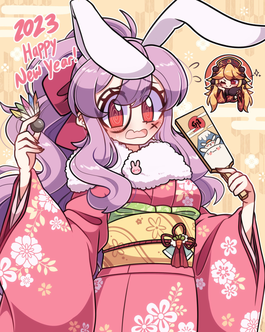 2023 2girls @_@ absurdres alternate_costume alternate_hairstyle animal_ears blonde_hair blush bow flying_sweatdrops hair_bow happy_new_year highres japanese_clothes junko_(touhou) kimono littlecloudie long_hair multiple_girls one_eye_closed open_mouth pink_kimono ponytail purple_hair rabbit_ears rabbit_girl red_bow red_eyes reisen_udongein_inaba sidelocks touhou