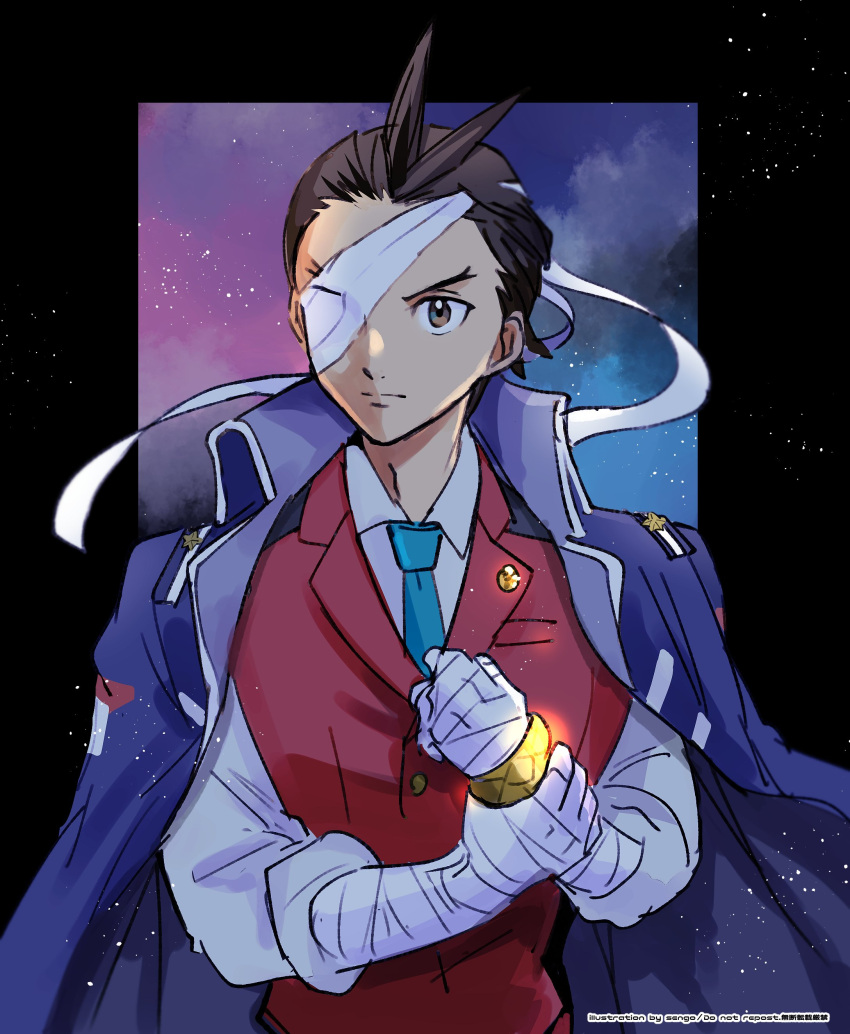 1boy absurdres ace_attorney airagency1005 antenna_hair apollo_justice bandaged_arm bandaged_fingers bandaged_hand bandaged_head bandages black_border blue_jacket border bracelet breast_pocket brown_eyes brown_hair buttons closed_mouth collared_jacket collared_shirt english_text expressionless glowing hand_on_own_wrist highres jacket jacket_on_shoulders jewelry lapel_pin lapels male_focus mixed-language_text one_eye_covered outside_border pocket red_vest shirt sky sleeves_rolled_up solo upper_body vest white_shirt