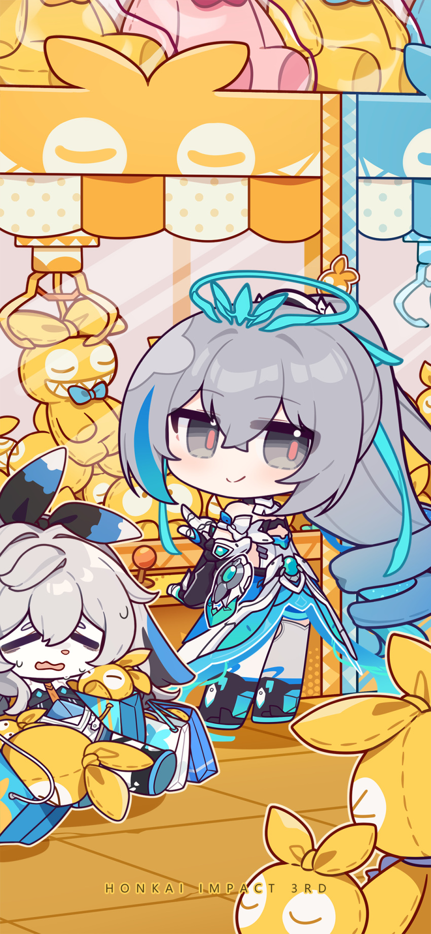 2girls armor bag bare_shoulders bronya_zaychik bronya_zaychik_(herrscher_of_truth) chibi closed_mouth colored_inner_hair crane_game crossed_bangs detached_sleeves eta green_eyes grey_eyes grey_hair halo high_ponytail highres homei_(honkai_impact) homu_(honkai_impact) honkai_(series) honkai_impact_3rd long_hair looking_at_viewer multicolored_hair multiple_girls official_art official_wallpaper on_floor open_mouth ponytail project_bunny single_drill smile streaked_hair white_armor