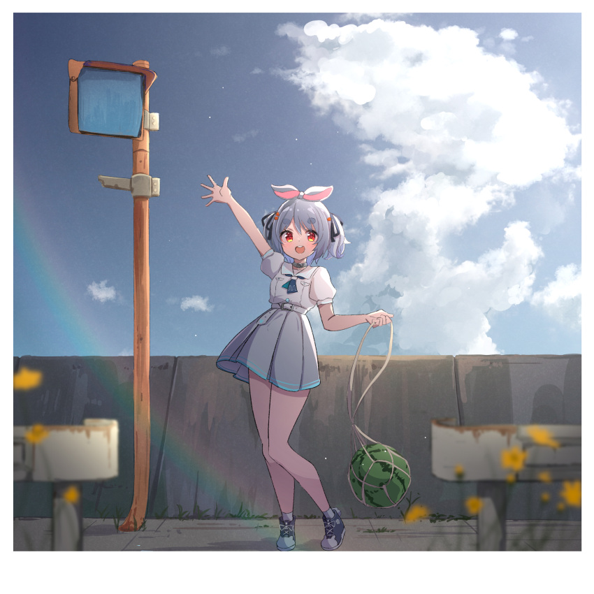 1girl :d absurdres ame. animal_ears arm_up black_footwear black_ribbon blue_hair blue_sky blurry blurry_foreground carrot_hair_ornament clouds collared_shirt commentary_request day depth_of_field flower food food-themed_hair_ornament fruit guard_rail hair_ornament hair_ribbon highres holding hololive looking_at_viewer outdoors pleated_skirt puffy_short_sleeves puffy_sleeves rabbit_ears red_eyes ribbon shirt shoes short_eyebrows short_sleeves skirt sky smile solo standing thick_eyebrows two_side_up usada_pekora usada_pekora_(4th_costume) virtual_youtuber watermelon white_shirt white_skirt yellow_flower