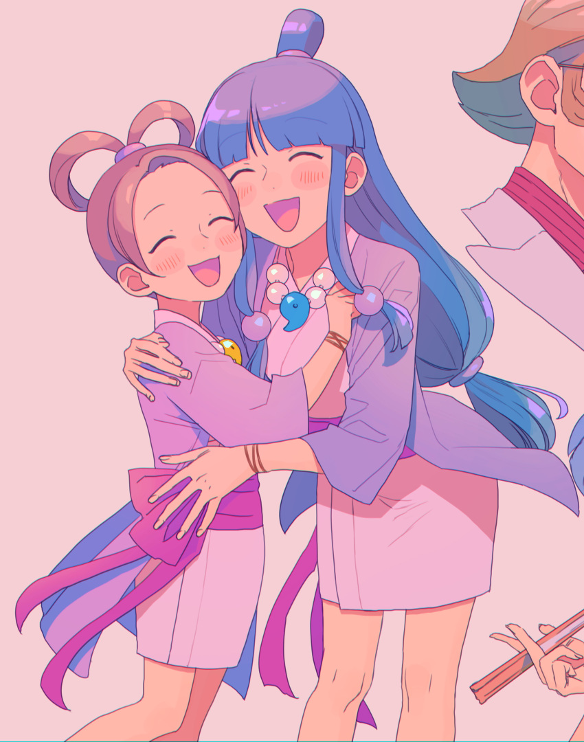 2girls :d absurdres ace_attorney bead_necklace beads blue_hair blunt_bangs blush brown_hair closed_eyes cousins feet_out_of_frame fingernails hair_rings hand_on_another's_shoulder hand_on_another's_waist haori highres hug jacket japanese_clothes jewelry kimono long_hair low-tied_long_hair low_tied_sidelocks magatama maya_fey multiple_girls necklace open_mouth ouse_(otussger) parted_bangs pearl_fey pink_background purple_jacket purple_sash ribbon sash short_hair short_kimono simple_background smile topknot very_long_hair waist_sash white_kimono wrist_ribbon