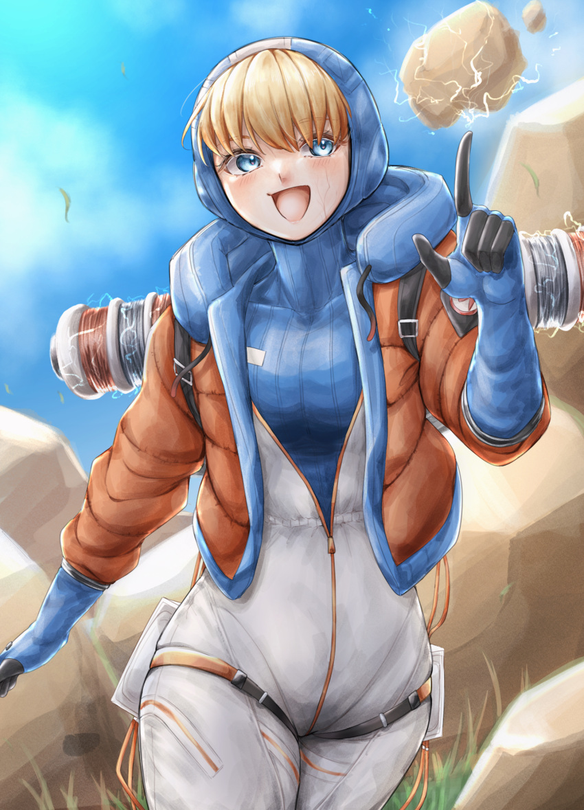 1girl :d animification apex_legends blonde_hair blue_bodysuit blue_eyes blue_gloves blush bodysuit cable clouds electricity gloves grass highres hood hood_down hood_up hooded_bodysuit jacket lightning_bolt_symbol looking_to_the_side open_mouth orange_jacket pointing ribbed_bodysuit rock scar scar_on_cheek scar_on_face sky smile solo sorata_(fuyuki_15_50) wattson_(apex_legends) white_bodysuit