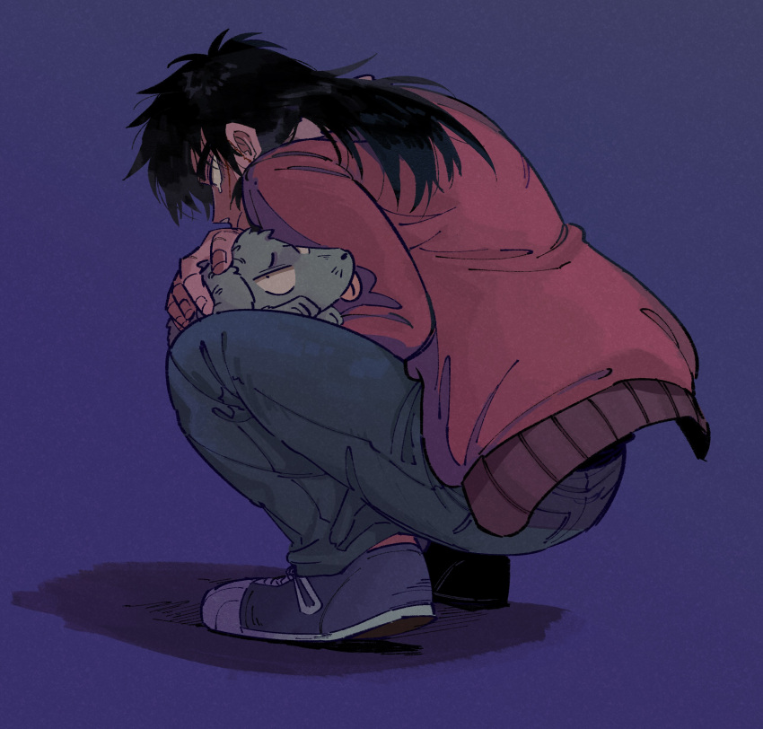 1boy absurdres black_hair brown_jacket closed_mouth commentary_request dog fingernails full_body grey_footwear grey_pants highres inudori itou_kaiji jacket kaiji long_hair long_sleeves male_focus pants petting purple_background scar scar_on_cheek scar_on_face shoes sneakers solo squatting