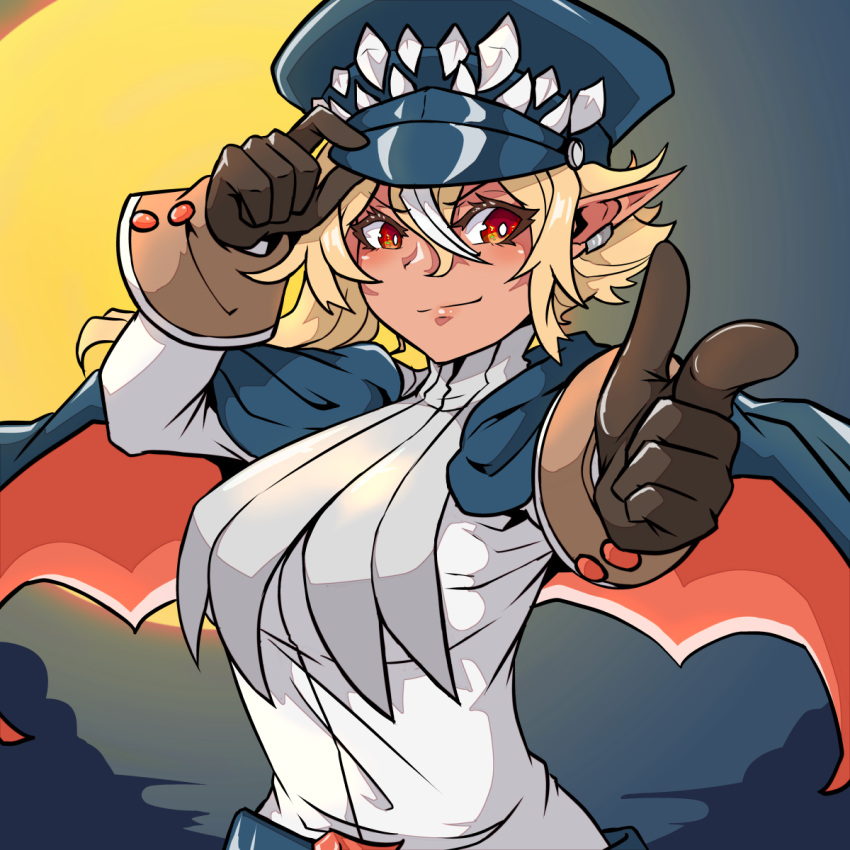 1girl aikohgin blonde_hair blue_headwear bright_pupils brown_eyes brown_gloves cape closed_mouth commentary elf eyelashes gloves hair_between_eyes hat highres hololive multicolored_hair peaked_cap pointy_ears shiranui_flare shirt smile solo streaked_hair upper_body virtual_youtuber white_pupils white_shirt