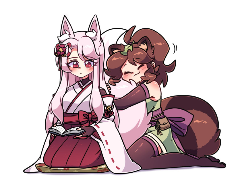 2girls animal_ears black_gloves blush book breasts brown_gloves brown_hair brown_thighhighs closed_eyes closed_mouth elbow_gloves fingerless_gloves fox_ears fox_girl fox_tail gloves highres holding holding_book hugging_another's_tail hugging_tail japanese_clothes leaf leaf_on_head littlecloudie long_hair medium_breasts miko multiple_girls original raccoon_ears raccoon_girl raccoon_tail red_eyes seiza short_hair short_ponytail simple_background sitting tail thigh-highs wariza white_background white_hair