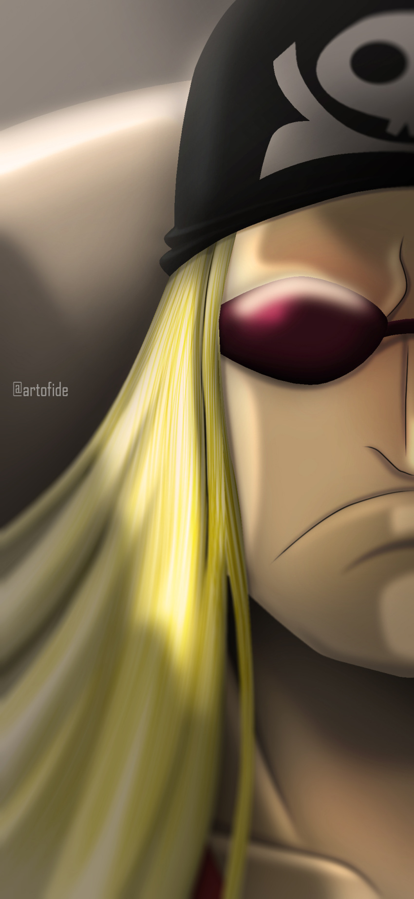 1boy artist_name artofide black_headwear blonde_hair closed_mouth hat highres jolly_roger limejuice_(one_piece) long_hair male_focus one_piece portrait solo sunglasses