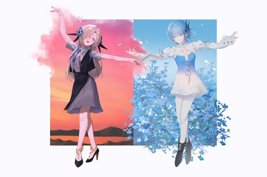 2girls black_dress blue_dress blue_eyes blue_flower blue_hair boots ciel_(kamitsubaki_studio) cosplay costume_switch dress flower full_body gradient_dress grey_dress grey_hair hair_flower hair_iron hair_ornament hair_over_one_eye high_heels highres isekai_joucho kamitsubaki_studio long_hair long_sleeves looking_at_another multicolored_hair multiple_girls open_mouth outstretched_arms pantyhose second-party_source shiraishi_kanoya short_hair short_sleeves smile two-tone_dress two-tone_hair virtual_youtuber white_dress white_pantyhose